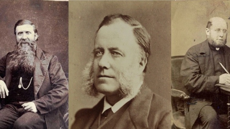 Three black and white photographs of men who feature in the album