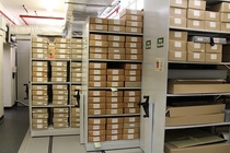 Boxes on mobile shelving in a strongroom