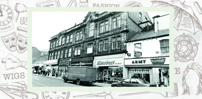Shops shown include Yorkshire Building Society, Woodcock Travel, Famous Army Stores, Alliance & Leicester, Halfords, Showboat Amusements & Wakefields Army Stores.