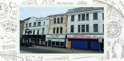 Shopfronts for Priscos, His and Hers and Gee-Vee Travel. Discolouration and damage to façade above His and Hers.