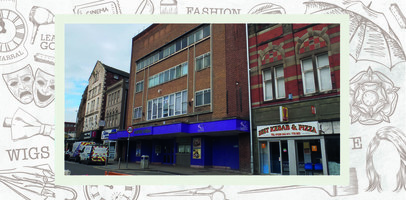 Parkway cinema façade with purple canopy. Next to the cinema is Best Kebab & Pizza takeaway. 
