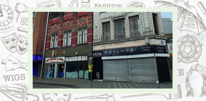 Best Kebab & Pizza occupies one part of the building, the other is vacant with shop sign removed. Next to the building is an entrance door to K-Box, followed by Connections Clothing shop on the corner of Eldon Street and Regent Street South.