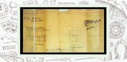 Fragile plan on tracing paper showing front and side elevations and block plan.