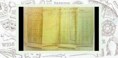 Fragile pen and ink plan showing front and side elevations.