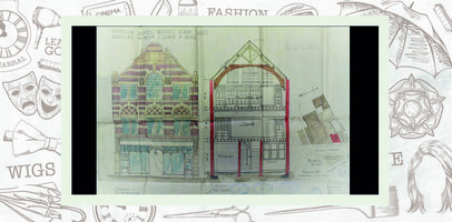 Pen and ink drawing finished with watercolours showing front elevation, cross section and block plan.