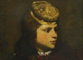 A painting of a young person in profile, with long brown hair and a pensive expression. They wear a round, textured hat, and the background is dark, highlighting their face and clothing.