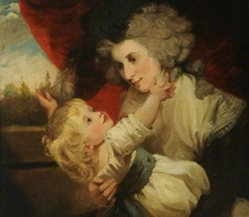 A historical painting of a woman with curly hair lovingly holding a child who reaches up towards her. Both wear period clothing, and the background includes draped red fabric and a hint of a landscape.