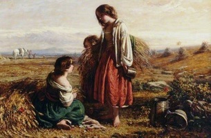 A painting of three women in a field collecting wheat. Two women are standing, holding bundles; one is kneeling. The landscape is rural, with a horse-drawn cart in the background under a cloudy sky. They wear long, rustic dresses.