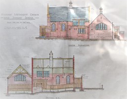 Hand drawn and coloured image of Higham Methodist Church showing the south elevation and cross section.