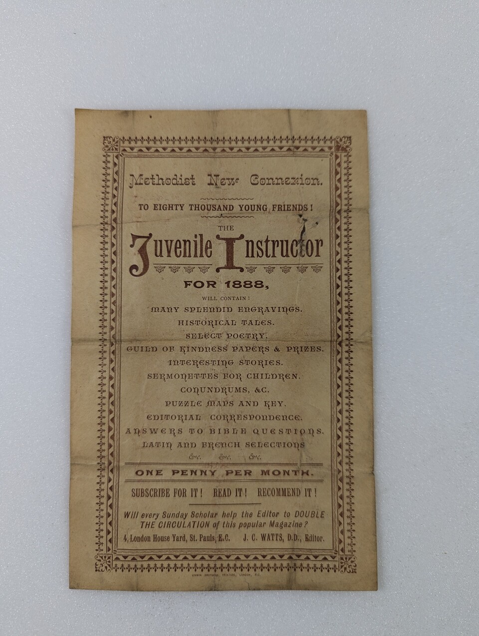 A vintage advertisement for "The Juvenile Instructor" magazine from 1888, detailing features like engravings, travel, music, science, and puzzle sections. Includes subscription information with a monthly rate of one penny.