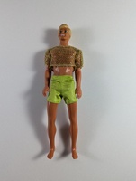 A doll with short blond hair is wearing a sparkly, gold knit crop top and light green shorts. The doll is standing against a plain, light-colored background.