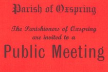 Notice on red paper stating 'Parish of Oxspring, the parishioners of Oxspring are invited to a public meeting